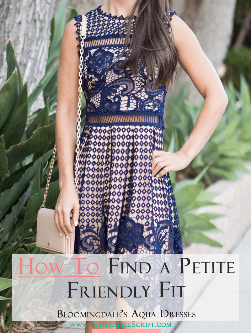 Petite Fashion, Petite Style, Bloomingdale’s, Aqua Dress, Mixed Lace Dress, Color block dress, Petite Friendly fit, Tory Burch Robinson Chain Wallet | Petite fashion & style | Bloomingdale’s Aqua Dress | How to find a petite friendly fit with Bloomingdales Aqua Dresses! This navy lace dress is perfect for wedding wear and this blush pink one is perfect for wedding wear, work outfit or casual outfits! No tailoring needed for these Bloomingdale’s Aqua dresses. Click to read more!