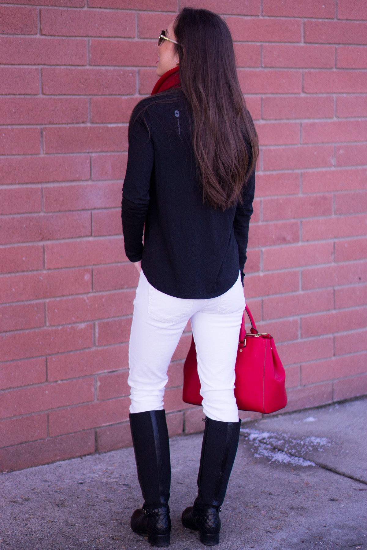 How to Transition into Spring with White Denim | Spring Outfit Ideas| Paige Petite White Denim Jeans | Aquatalia Boots | Talbots Belt | Krochet Kids Scarf