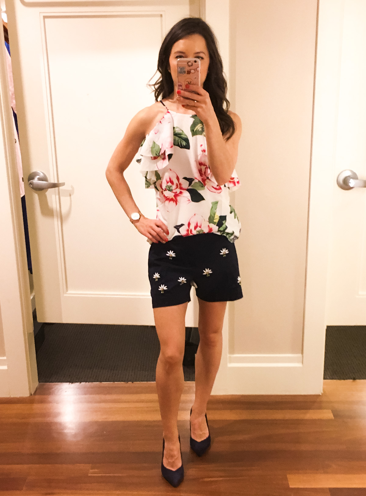 Best Banana Republic summer collection 2017 outfit inspiration | Petite fashion & style | Floral print | embellishment shorts | One shoulder ruffle dress | Tanner Market Pasadena CA | Ryan shorts