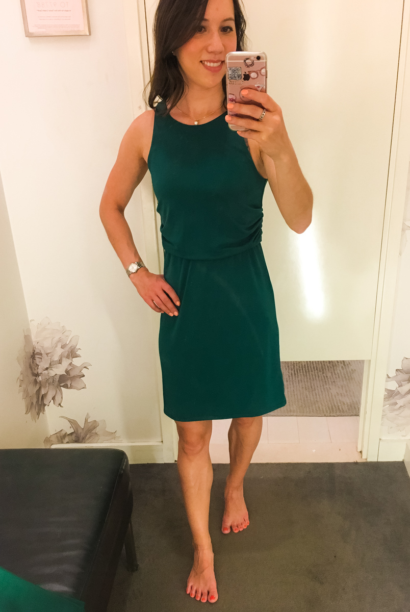 Ann Taylor & LOFT work outfits | Petite friendly fit reviews | Work outfit inspiration | Classic petite fashion and style blog | Devin slim fit ankle pants | Herringbone pants jacket | Orange belted full skirt | Striped poplin cascade top green dress