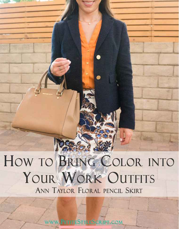 When your workweek needs a pick-me-up, I look forward to bringing color into my petite professional work outfits with colorful pencil skirts. I love Ann Taylor for petite-friendly work floral pencil skirts. Pin now and save for style inspiration later!