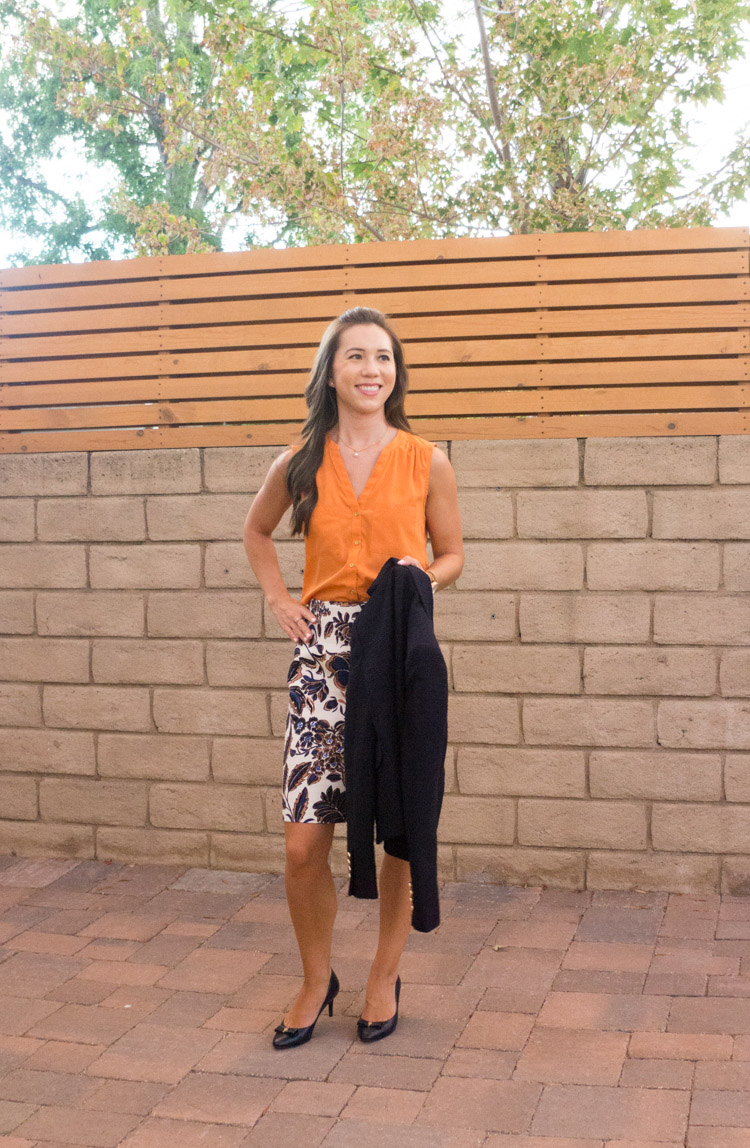 When your workweek needs a pick-me-up, I look forward to bringing color into my petite professional work outfits with colorful pencil skirts. I love Ann Taylor for petite-friendly work floral pencil skirts. Pin now and save for style inspiration later!