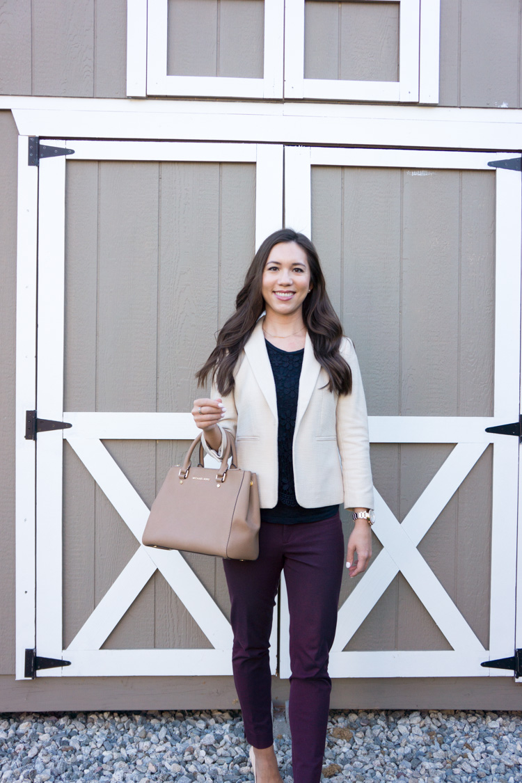 Classic Banana Republic Sloan Slim-Fit Pants and Ann Taylor Textured Blazer are go-to items for busy petite professionals. Throw on the blazer to quickly elevate an outfit for work and interviews. Top off the outfit with Tieks ballet flats and Michael Kors sutton handbag. Pin now and save for style ideas later!