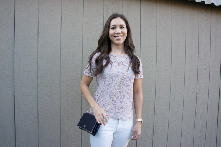 Loft lace tee | lilac shadow color | tory burch robinson chain wallet navy patent leather