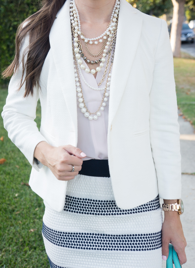 Petite fashion & style | Ann Taylor Pearlized Crystal Statement Necklace | The perfect pearl layer necklace accessory for petite professional work outfits or petite casual outfits! Plus Ann Taylor blazer and pencil skirts complete the work outfit. Click to read more now!