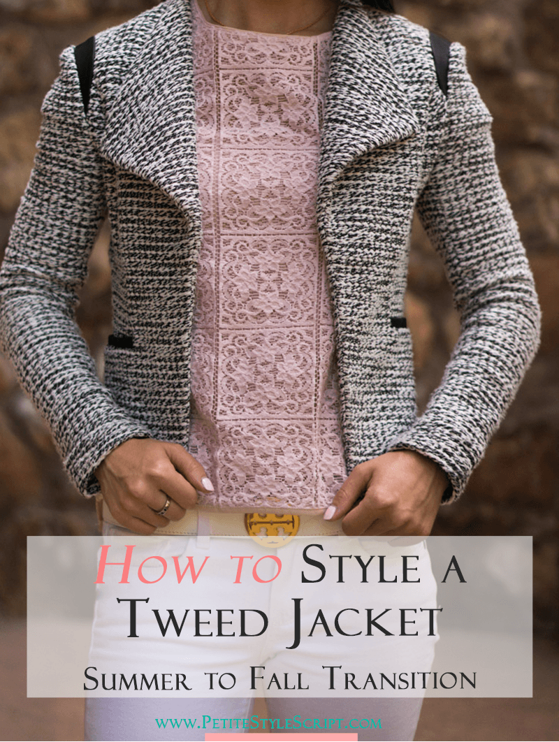 Petite fashion & style | Banana Republic Tweed Jacket | How to style a petite tweed jacket for summer to fall transition. I love a versatile jacket that easily pairs with many color or print combinations. This Banana Republic tweed jacket is no exception-dress it up or down. Click to read more!