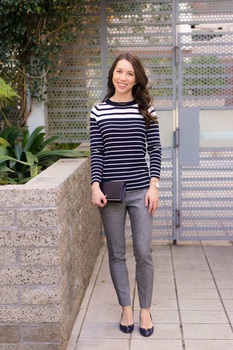 Petite Fashion | Petite Style | How to wear navy & gray together for perfect work outfit | Banana Republic Sloan Slim-Fit Pant | Ann Taylor Lace navy tee | Cole Haan Kelsey navy blue bow pumps heels | Click to read more!