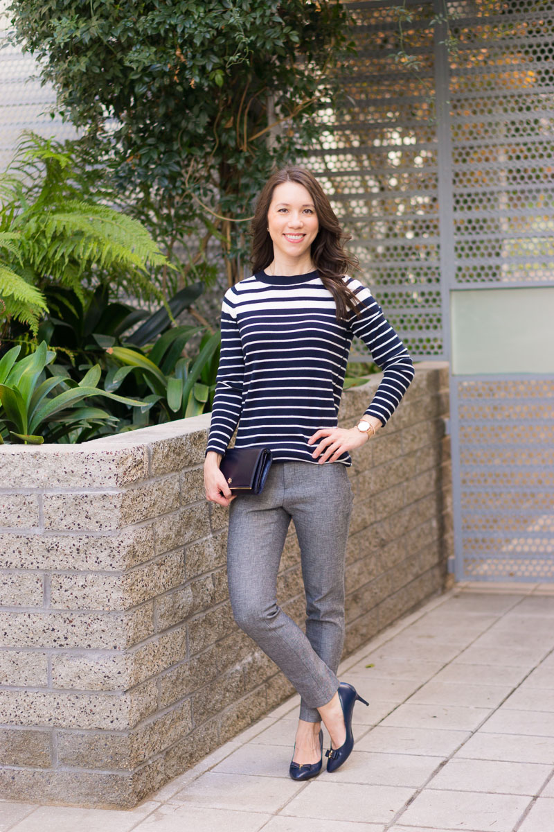 Learn three ways to style gray and navy together with these outfit ideas and capsule wardrobe inspiration. Plus, petite-friendly fit advice, how to wear navy and gray together. Petite fashion and style blog by Dr. Jessica Louie, Certified KonMari Consultant Los Angeles.