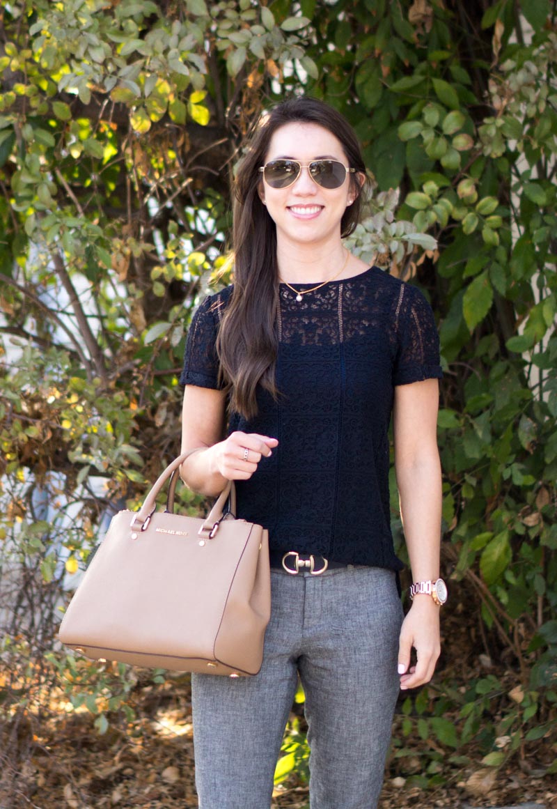 Petite Fashion | Petite Style | How to wear navy & gray together for perfect work outfit | Banana Republic Sloan Slim-Fit Pant | Ann Taylor Lace navy tee | Cole Haan Kelsey navy blue bow pumps heels | Click to read more!