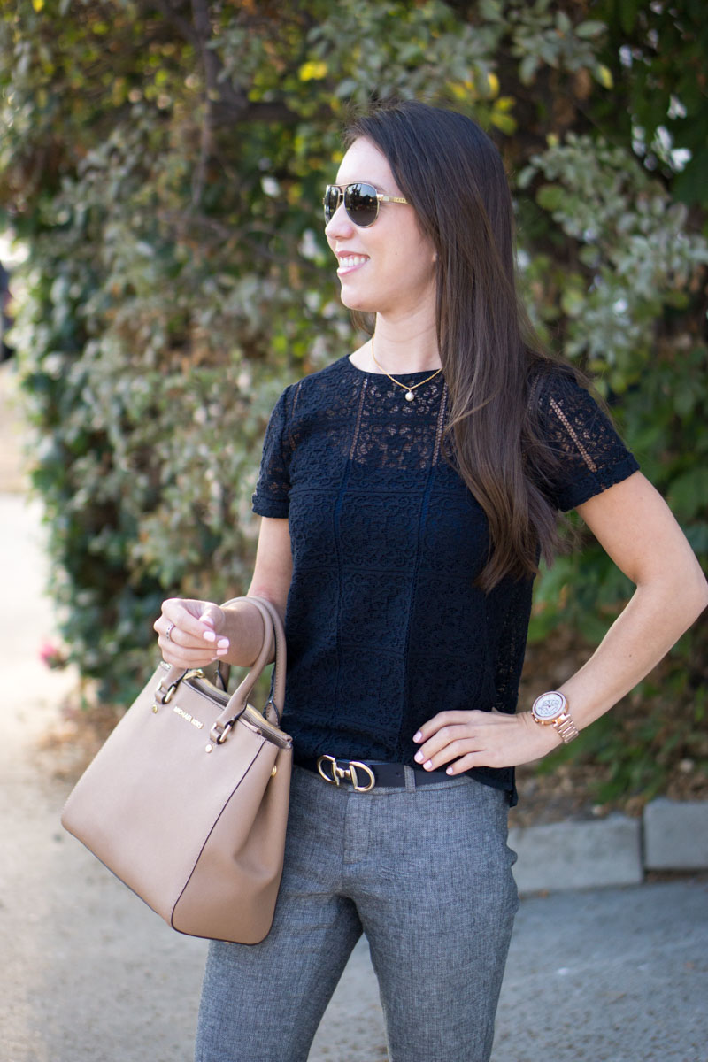 Petite Fashion | Petite Style | How to wear navy & gray together for perfect work outfit | Banana Republic Sloan Slim-Fit Pant | Ann Taylor Lace navy tee | Cole Haan Kelsey navy blue bow pumps heels | Click to read more!