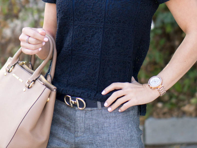 Petite Fashion | Petite Style | How to wear navy & gray together for perfect work outfit | Banana Republic Sloan Slim-Fit Pant | Ann Taylor Lace navy tee | Cole Haan Kelsey navy blue bow pumps heels | Click to read more!