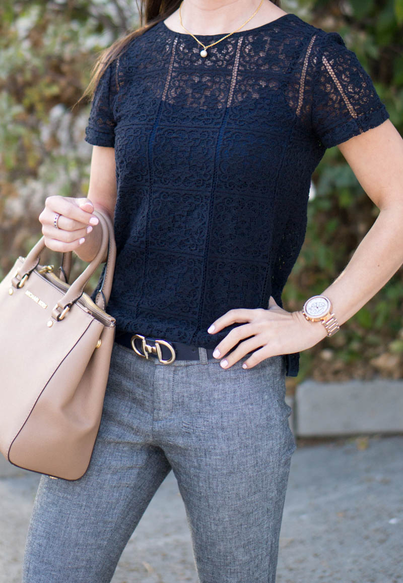 Petite Fashion | Petite Style | How to wear navy & gray together for perfect work outfit | Banana Republic Sloan Slim-Fit Pant | Ann Taylor Lace navy tee | Cole Haan Kelsey navy blue bow pumps heels | Click to read more!