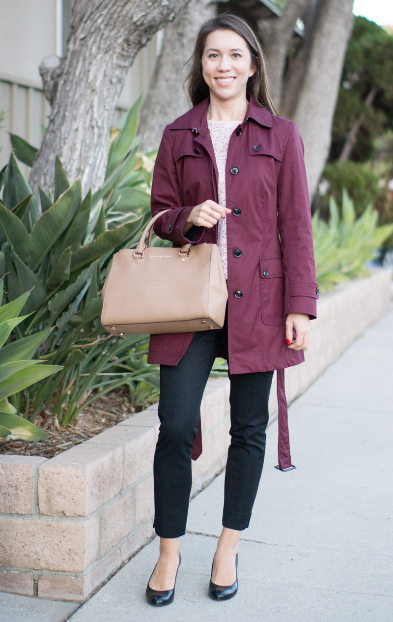 Petite Fashion | Petite Style | Trench Coat Wardrobe Essential Review | Banana Republic burgundy trench coat | J. Crew factory trench coat | 3 Reasons why a trench coat is a wardrobe essential | Finding a petite-friendly trench coat | Click to read more!