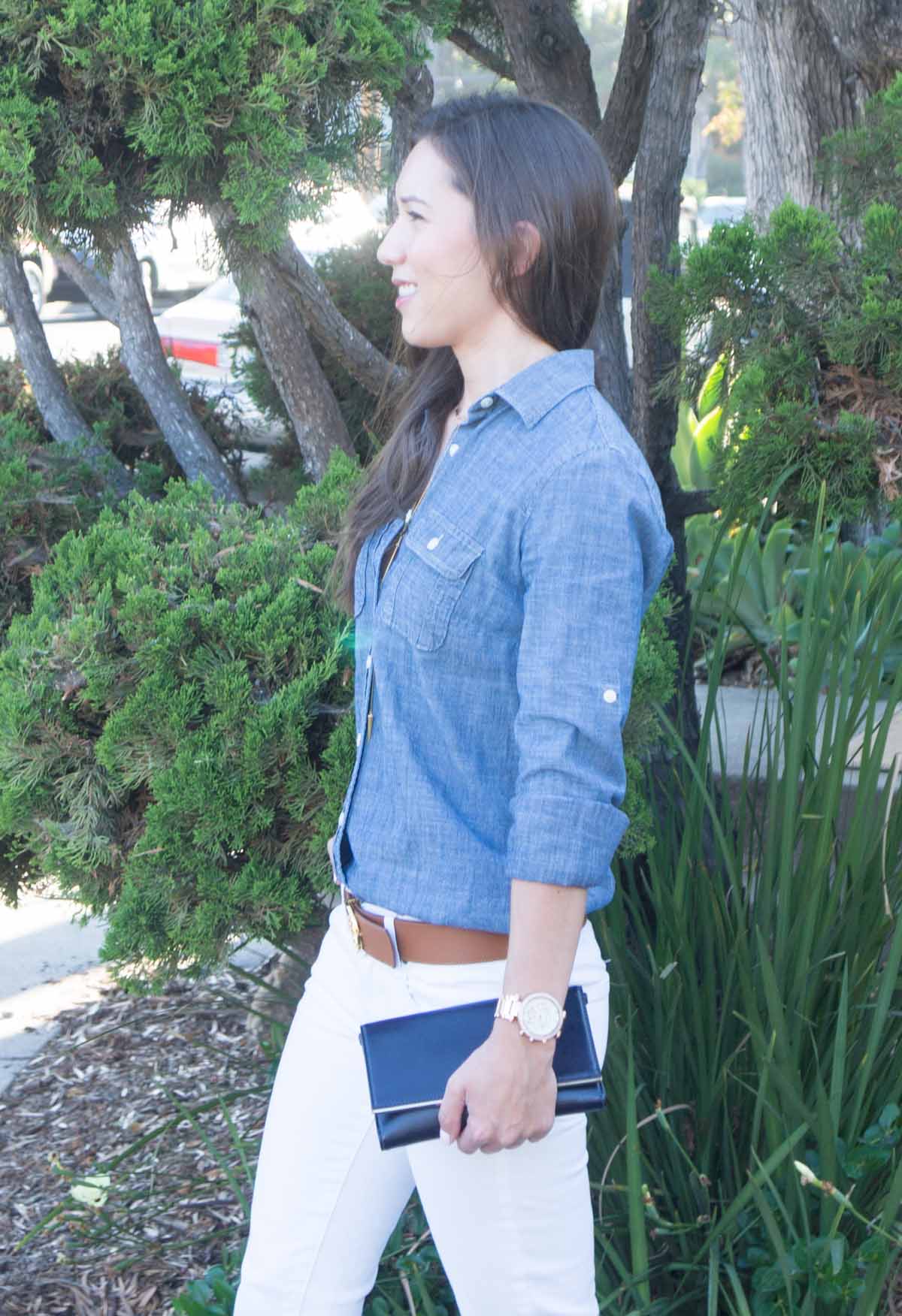 3 ways to style chambray | how to wear chambray denim shirt | petite fashion and style | chambray work outfit | chambray casual outfit | chambray lounge outfit | click to read more