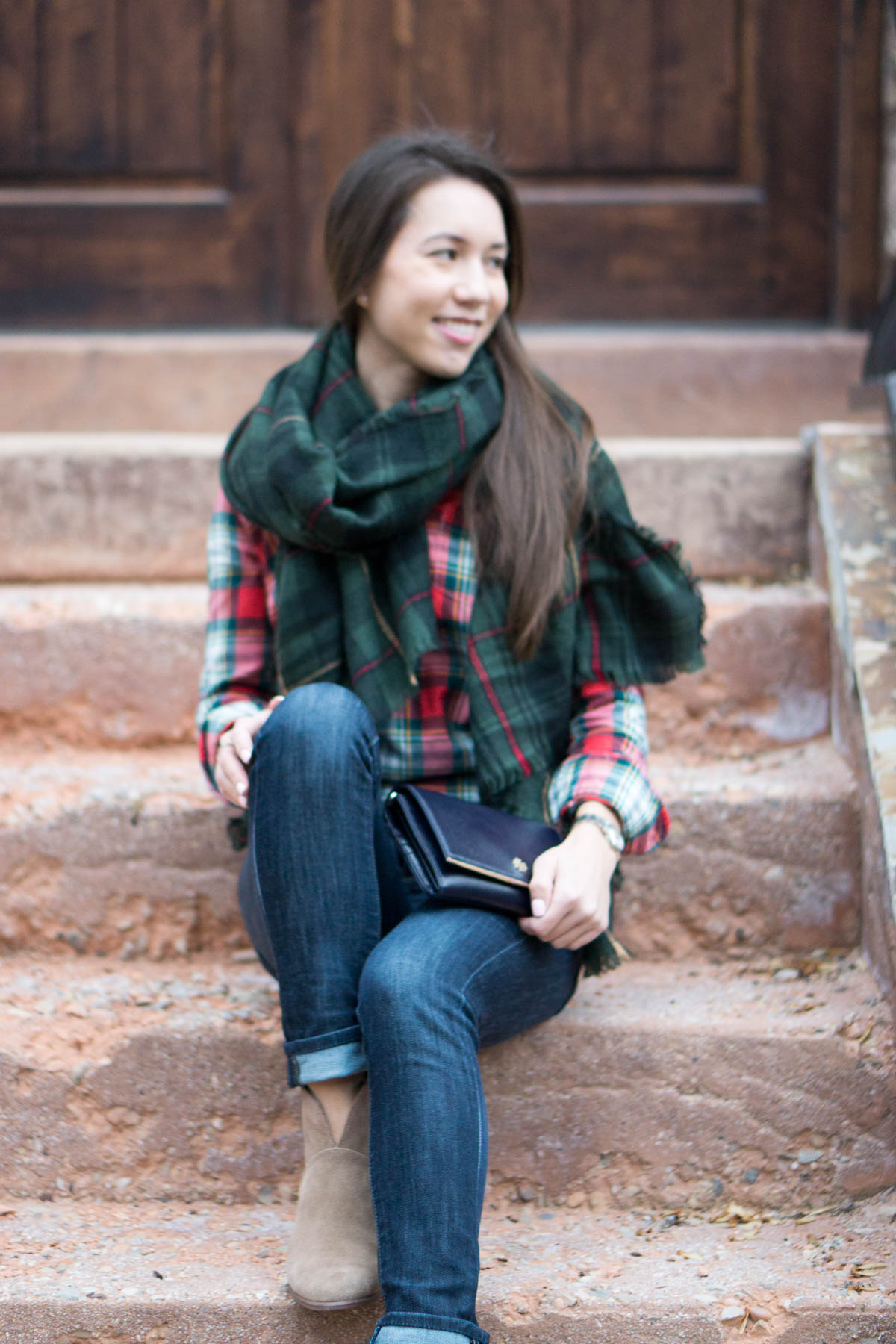 Sole Society Blanket scarf | hunter green red fall winter scarf | J. Crew factory red green Christmas shirt