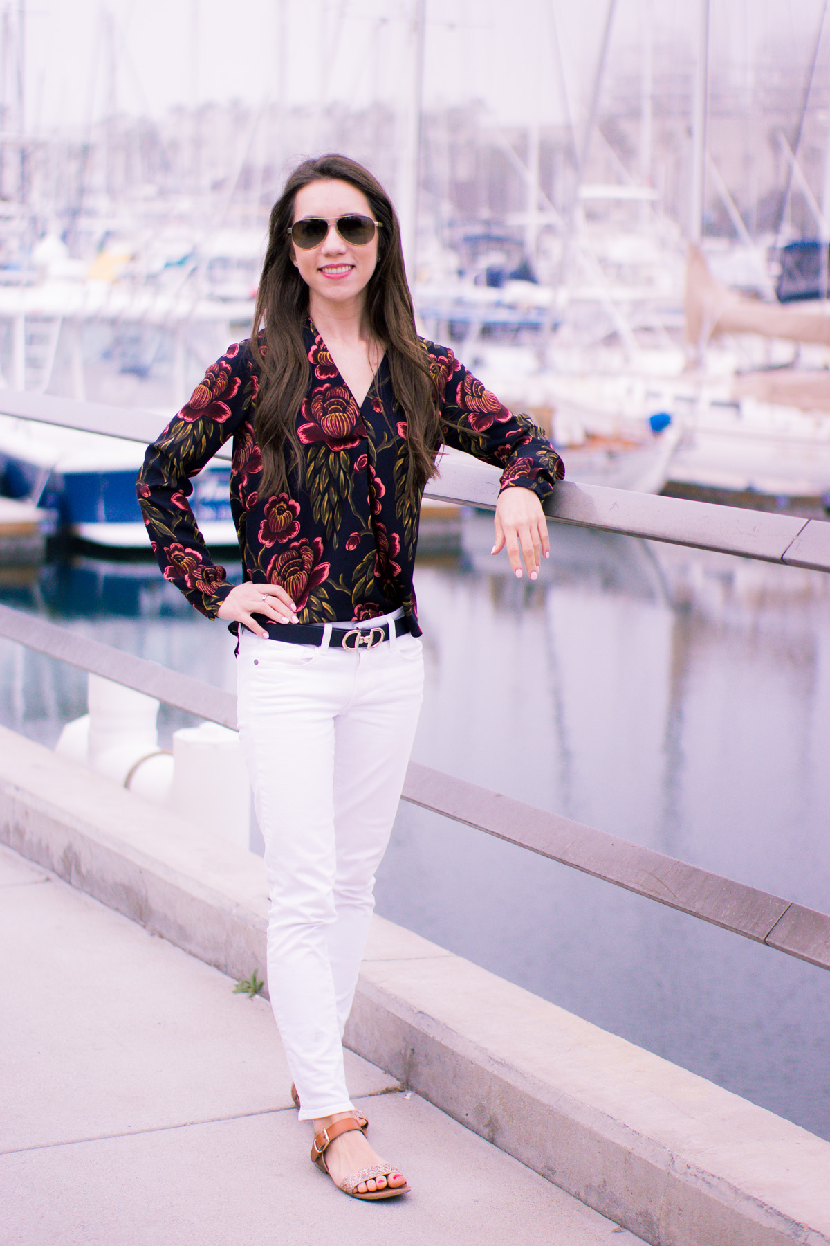 How to wear Spring Florals | Ann Taylor Garden Pleated Petite Blouse | office work date casual outfits| Target Lakitia Sandals | Paige white jeans | J. Crew shorts | Banana Republic Sloan Pants | Talbots horsebit belt clasp | | Tory Burch Chain Wallet