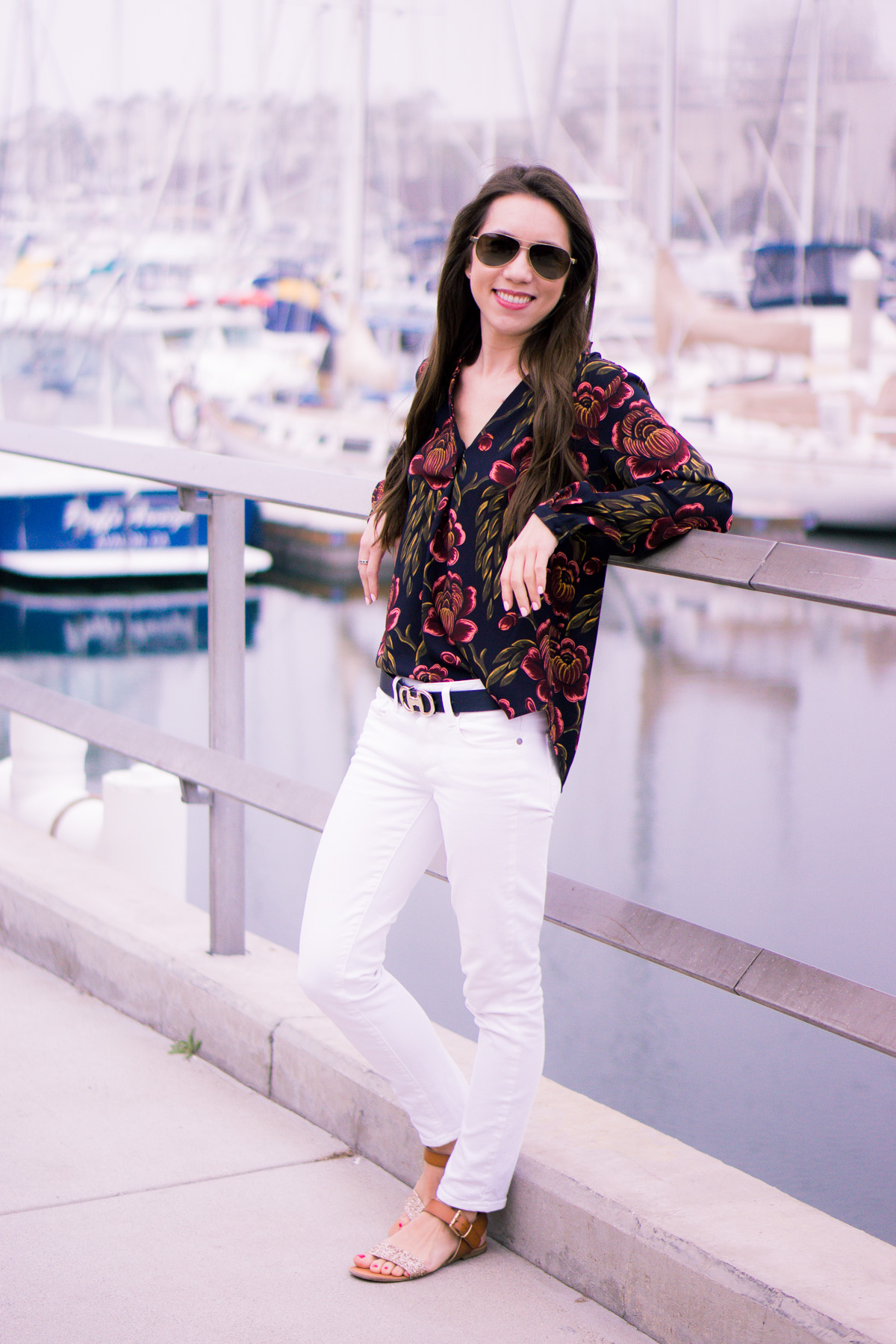 How to wear Spring Florals | Ann Taylor Garden Pleated Petite Blouse | office work date casual outfits| Target Lakitia Sandals | Paige white jeans | J. Crew shorts | Banana Republic Sloan Pants | Talbots horsebit belt clasp | | Tory Burch Chain Wallet