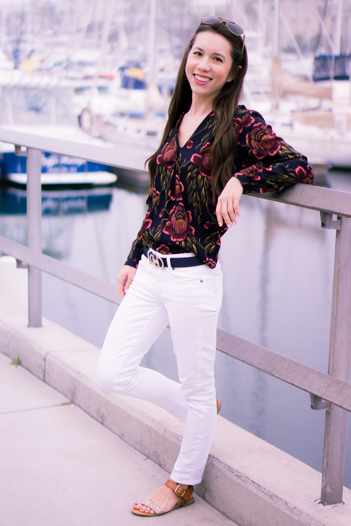 How to wear Spring Florals | Ann Taylor Garden Pleated Petite Blouse | office work date casual outfits| Target Lakitia Sandals | Paige white jeans | J. Crew shorts | Banana Republic Sloan Pants | Talbots horsebit belt clasp | | Tory Burch Chain Wallet