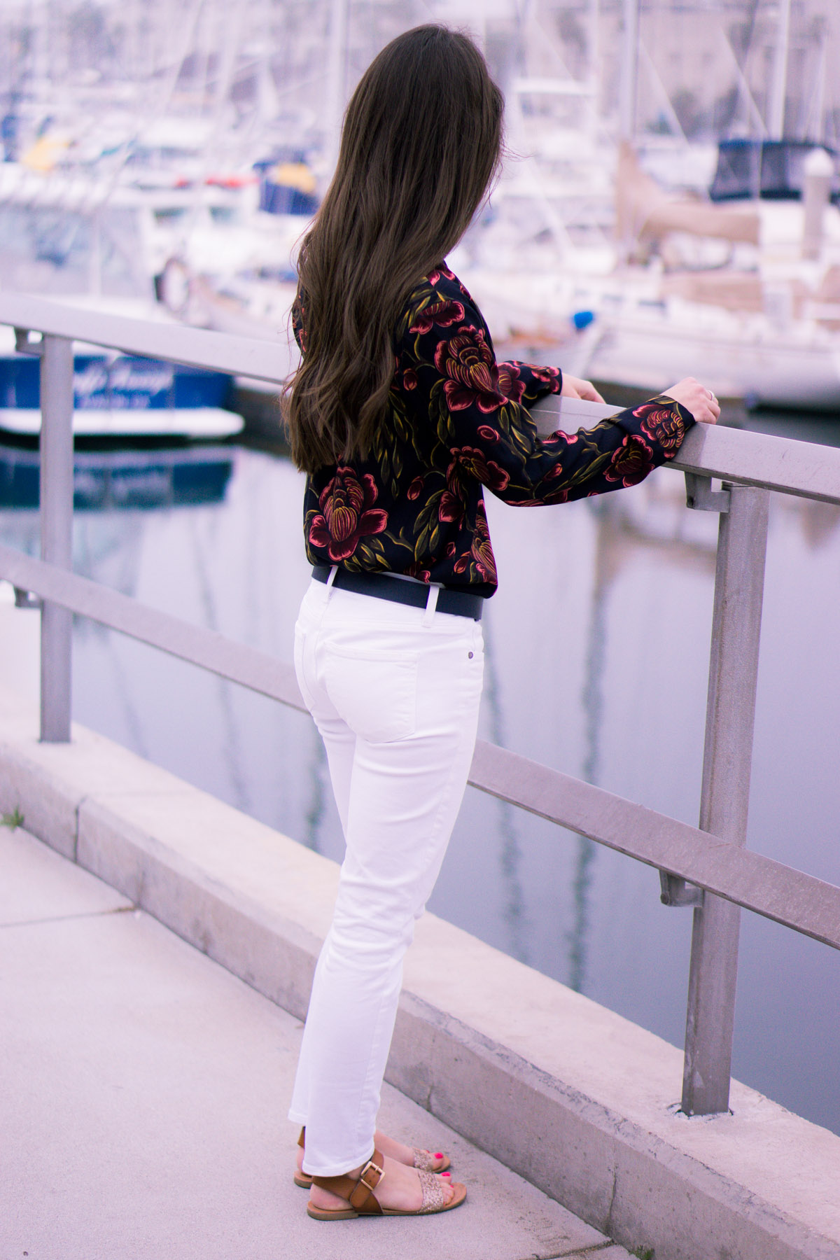 How to wear Spring Florals | Ann Taylor Garden Pleated Petite Blouse | office work date casual outfits| Target Lakitia Sandals | Paige white jeans | J. Crew shorts | Banana Republic Sloan Pants | Talbots horsebit belt clasp | | Tory Burch Chain Wallet