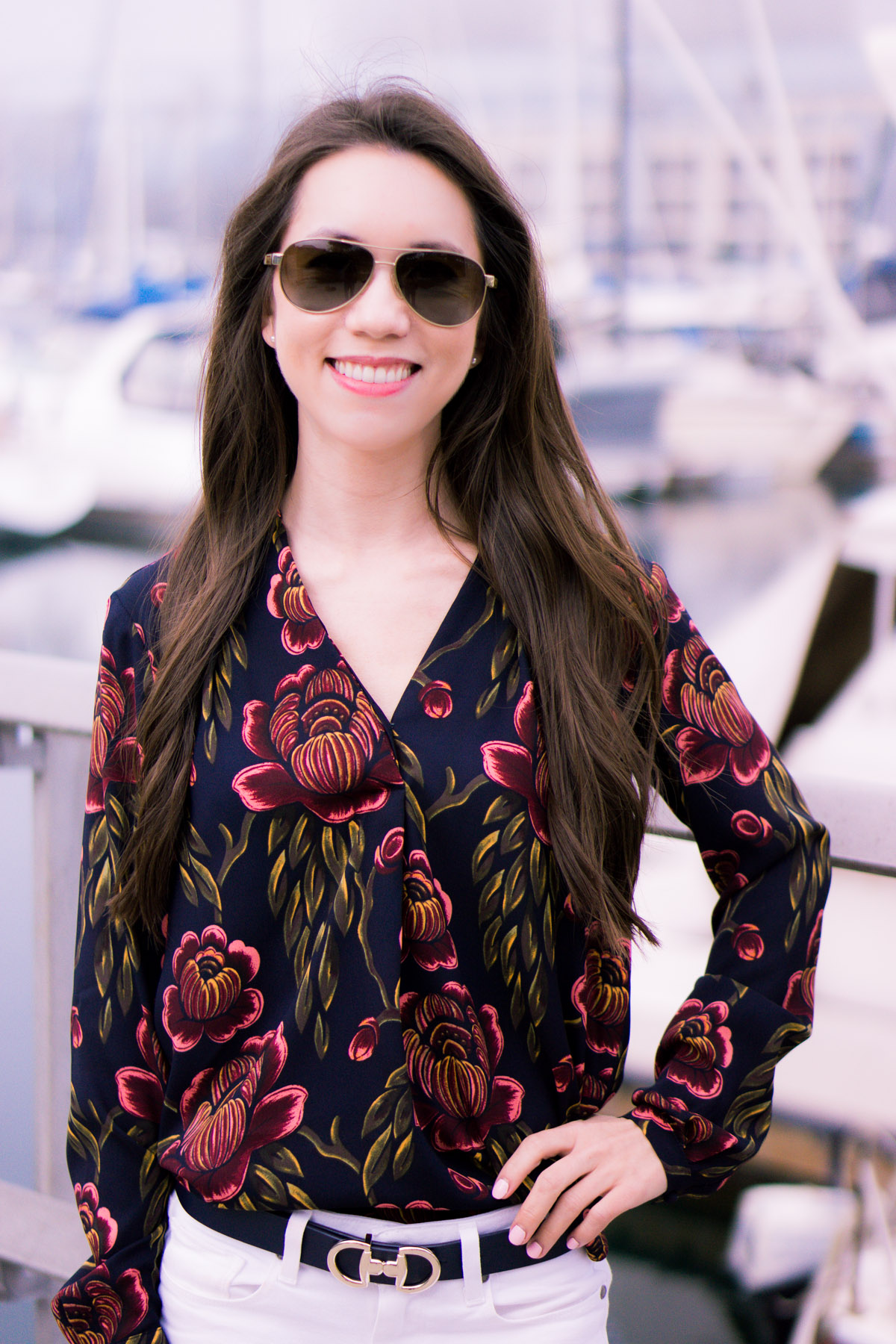 How to wear Spring Florals | Ann Taylor Garden Pleated Petite Blouse | office work date casual outfits| Target Lakitia Sandals | Paige white jeans | J. Crew shorts | Banana Republic Sloan Pants | Talbots horsebit belt clasp | | Tory Burch Chain Wallet