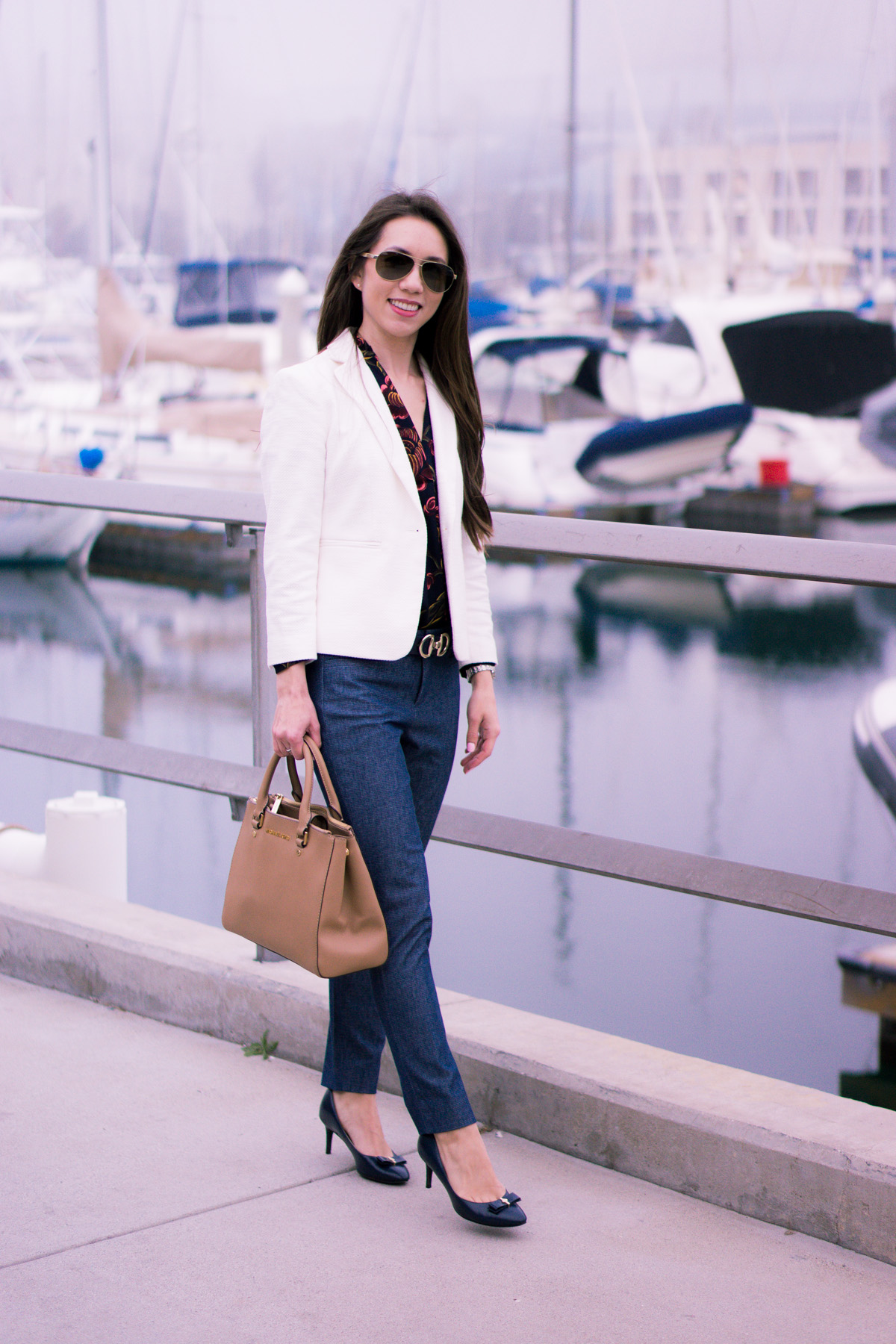 How to wear Spring Florals | Ann Taylor Garden Pleated Petite Blouse | office work date casual outfits| Target Lakitia Sandals | Paige white jeans | J. Crew shorts | Banana Republic Sloan Pants | Talbots horsebit belt clasp | | Tory Burch Chain Wallet