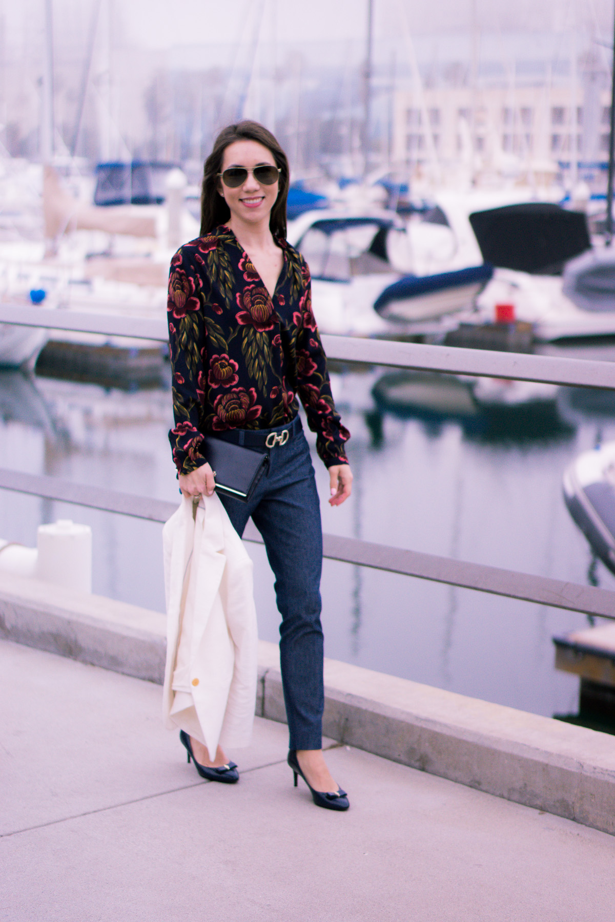 How to wear Spring Florals | Ann Taylor Garden Pleated Petite Blouse | office work date casual outfits| Target Lakitia Sandals | Paige white jeans | J. Crew shorts | Banana Republic Sloan Pants | Talbots horsebit belt clasp | | Tory Burch Chain Wallet