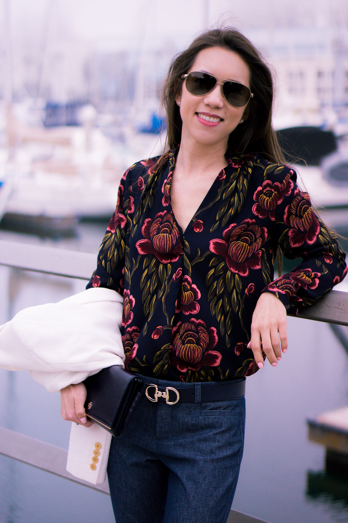 How to wear Spring Florals | Ann Taylor Garden Pleated Petite Blouse | office work date casual outfits| Target Lakitia Sandals | Paige white jeans | J. Crew shorts | Banana Republic Sloan Pants | Talbots horsebit belt clasp | | Tory Burch Chain Wallet