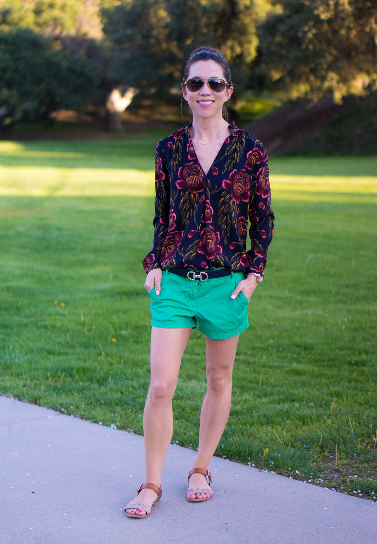 How to wear Spring Florals | Ann Taylor Garden Pleated Petite Blouse | office work date casual outfits| Target Lakitia Sandals | Paige white jeans | J. Crew shorts | Banana Republic Sloan Pants | Talbots horsebit belt clasp | | Tory Burch Chain Wallet