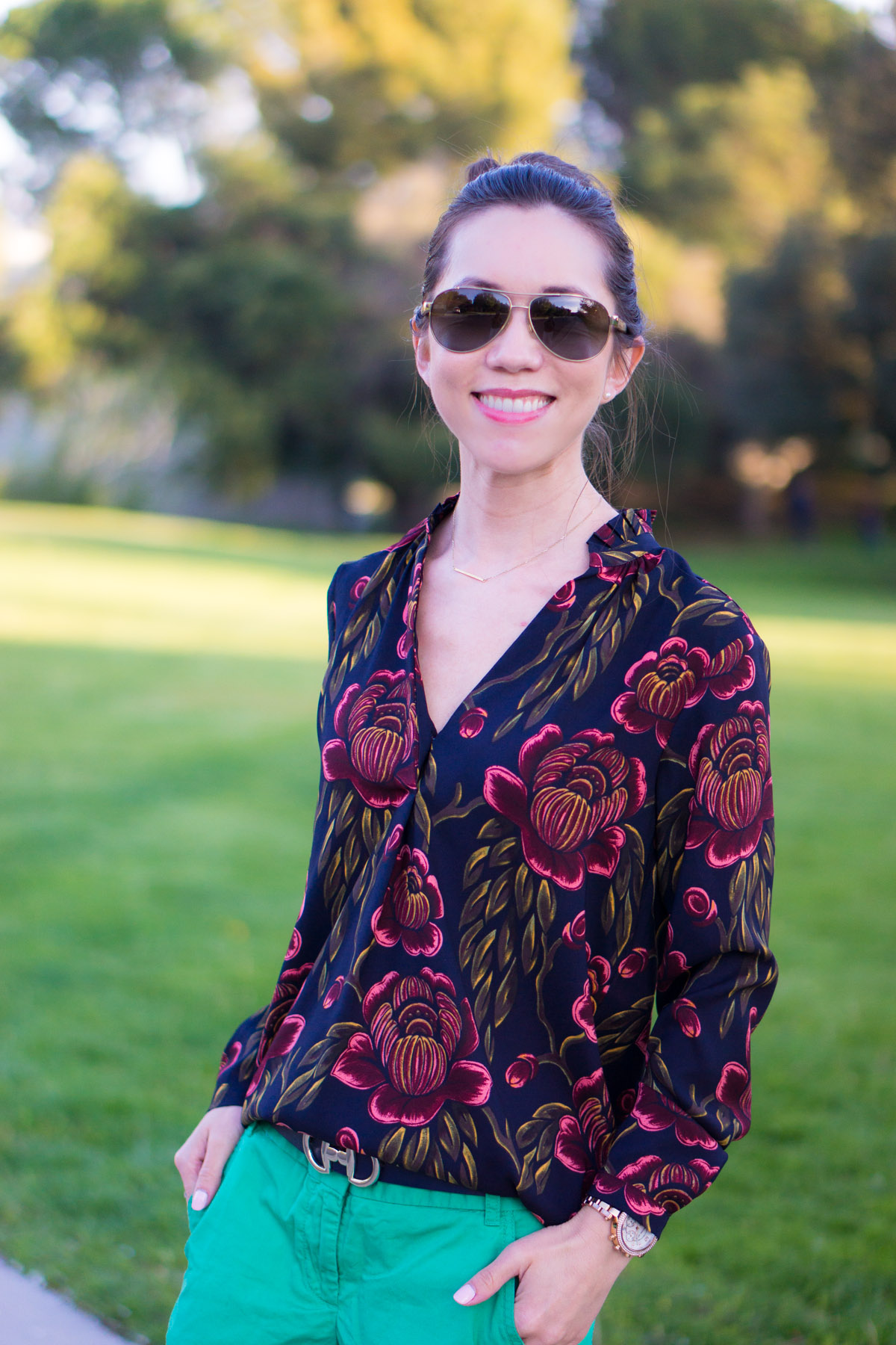 How to wear Spring Florals | Ann Taylor Garden Pleated Petite Blouse | office work date casual outfits| Target Lakitia Sandals | Paige white jeans | J. Crew shorts | Banana Republic Sloan Pants | Talbots horsebit belt clasp | | Tory Burch Chain Wallet