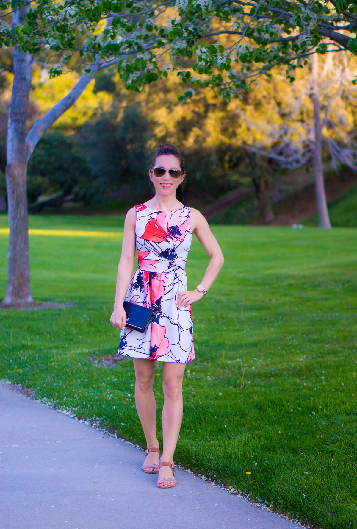 Best Floral Watercolor Dress: Bloomingdale's Aqua Brand Scuba Dress Review | Tieks by Gavrieli Coral Patent Ballet Flats | Target Lakitia Sandals | Banana Republic Factory Cardigan