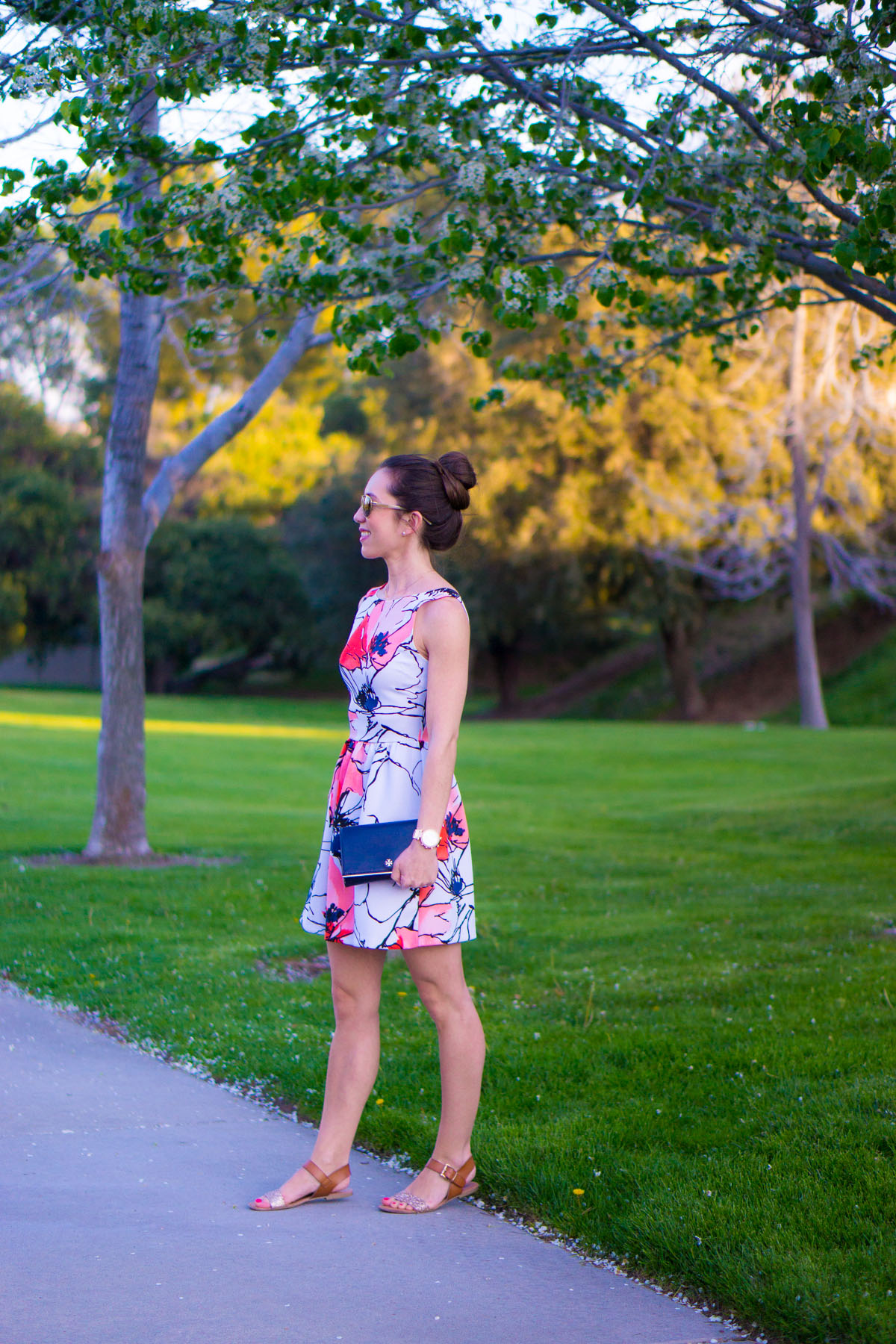 Best Floral Watercolor Dress: Bloomingdale's Aqua Brand Scuba Dress Review | Tieks by Gavrieli Coral Patent Ballet Flats | Target Lakitia Sandals | Banana Republic Factory Cardigan