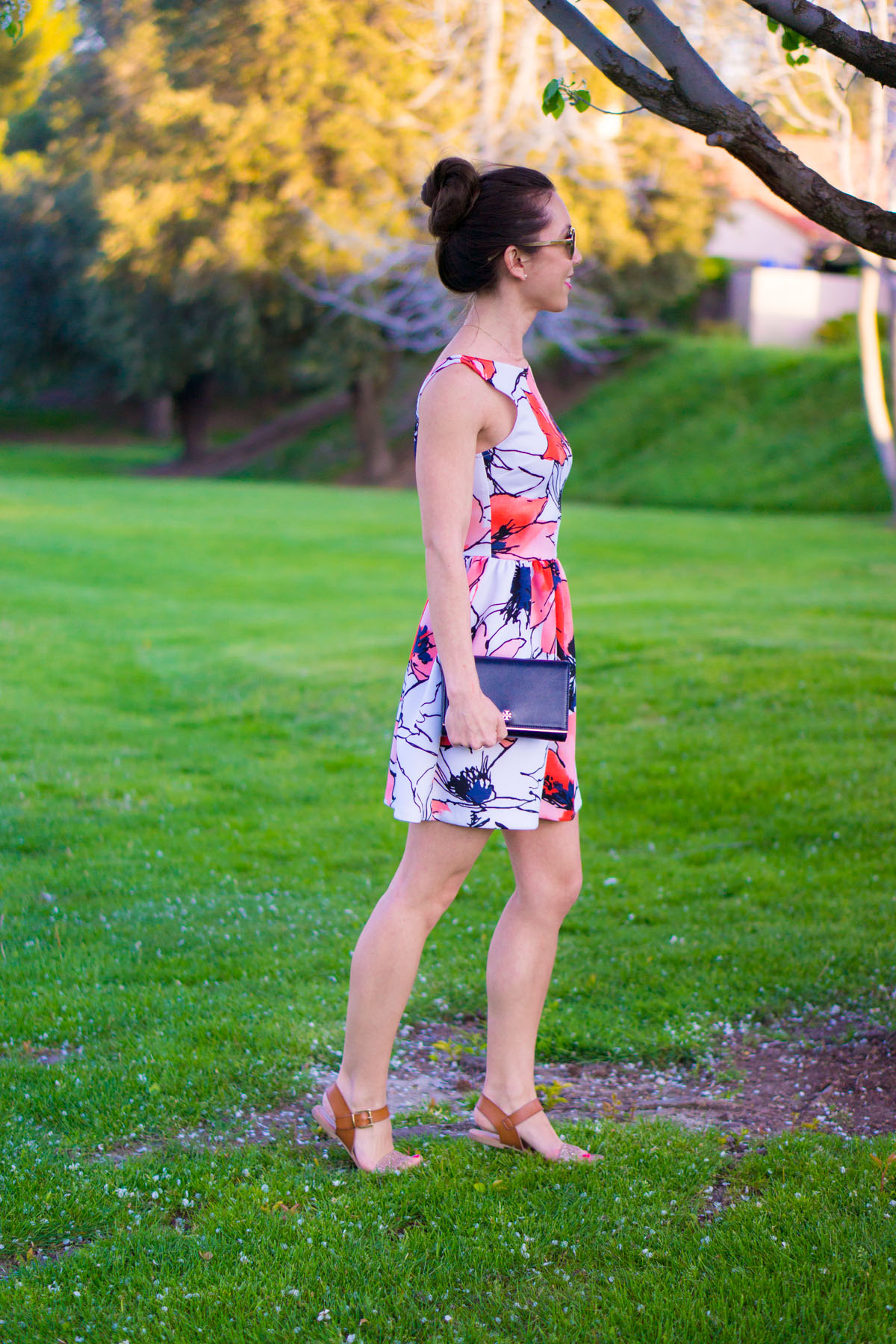 Best Floral Watercolor Dress: Bloomingdale's Aqua Brand Scuba Dress Review | Tieks by Gavrieli Coral Patent Ballet Flats | Target Lakitia Sandals | Banana Republic Factory Cardigan