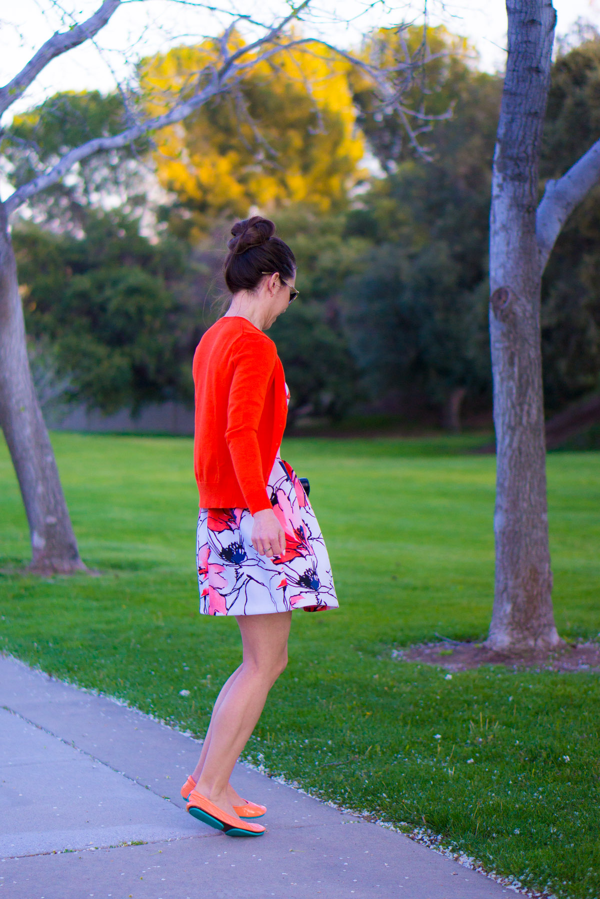 Best Floral Watercolor Dress: Bloomingdale's Aqua Brand Scuba Dress Review | Tieks by Gavrieli Coral Patent Ballet Flats | Target Lakitia Sandals | Banana Republic Factory Cardigan