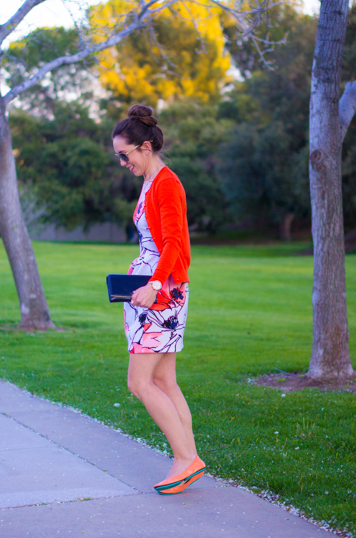 Best Floral Watercolor Dress: Bloomingdale's Aqua Brand Scuba Dress Review | Tieks by Gavrieli Coral Patent Ballet Flats | Target Lakitia Sandals | Banana Republic Factory Cardigan