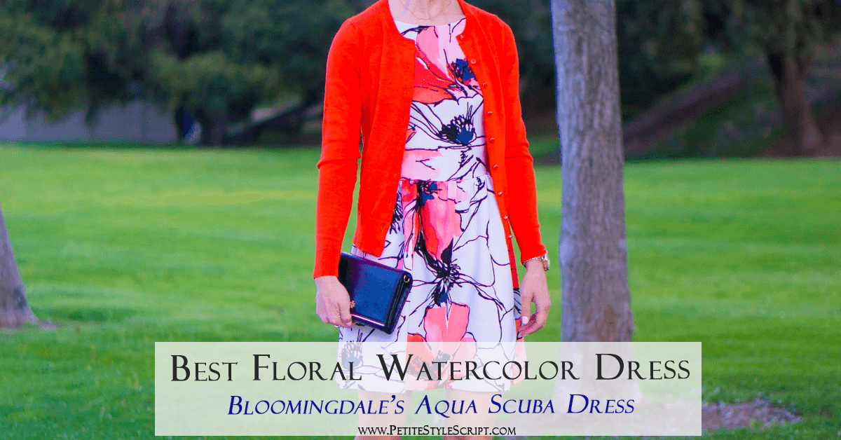 Best Floral Watercolor Dress: Bloomingdale's Aqua Brand Scuba Dress Review | Tieks by Gavrieli Coral Patent Ballet Flats | Target Lakitia Sandals | Banana Republic Factory Cardigan