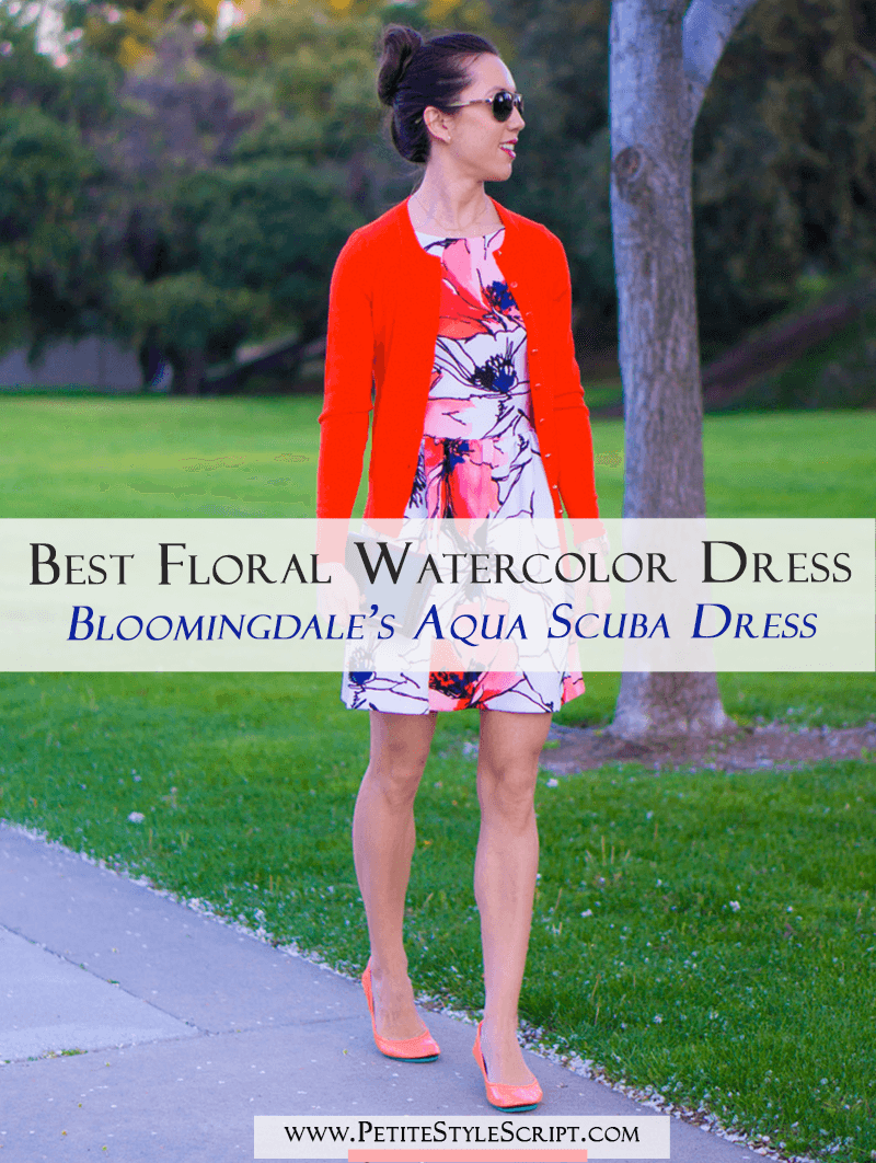 Best Floral Watercolor Dress: Bloomingdale's Aqua Brand Scuba Dress Review | Tieks by Gavrieli Coral Patent Ballet Flats | Target Lakitia Sandals | Banana Republic Factory Cardigan