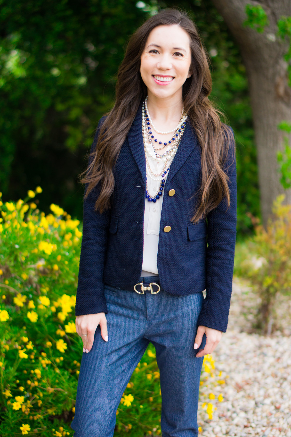 Ann Taylor Pearlized necklace & blazer | Banana Republic Sloan Slim ankle pants | Blue work outfit ideas inspiration | spring corporate attire ideas | Talbots belt | Cole Haan bow heels