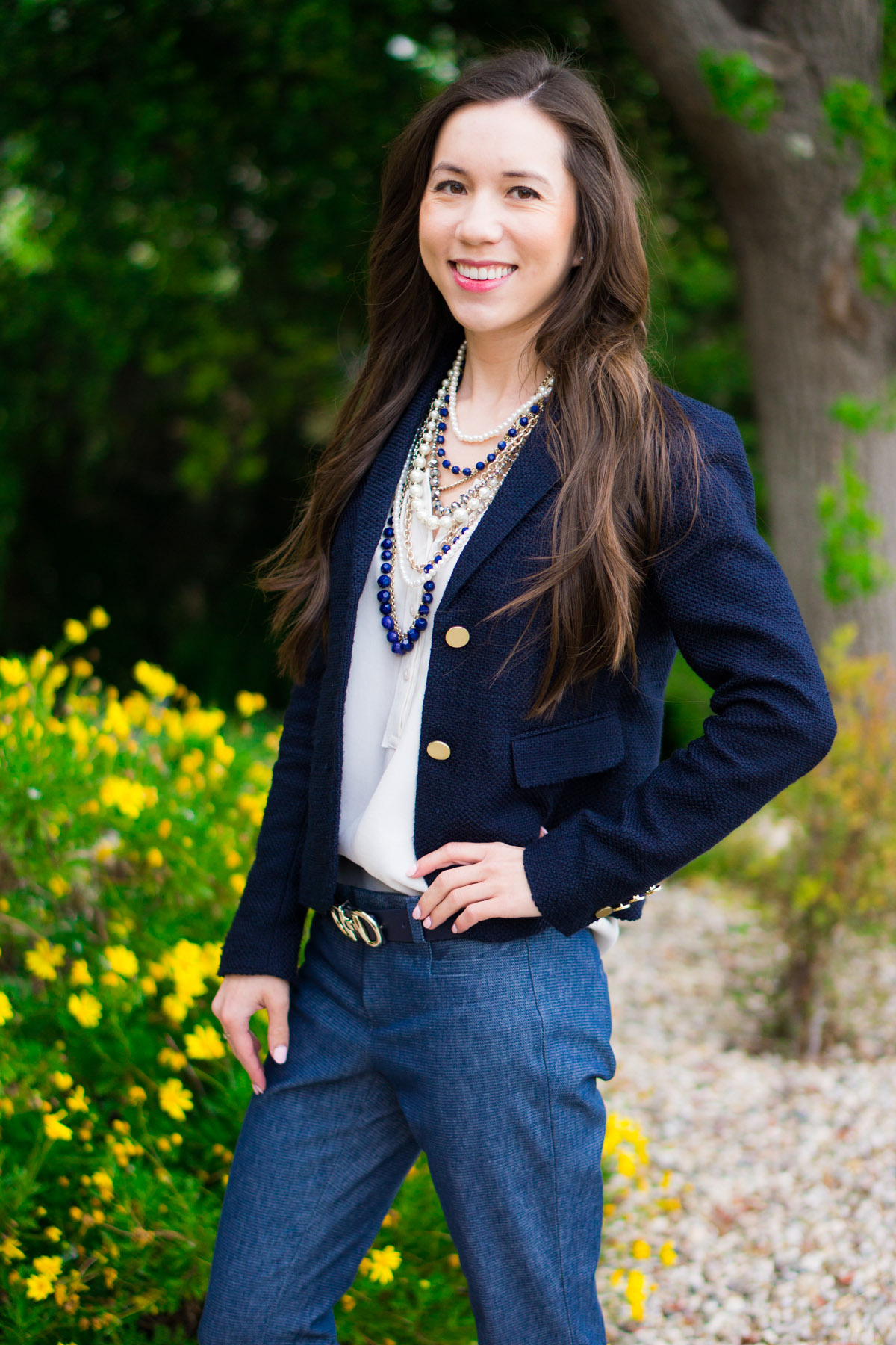 Ann Taylor Pearlized necklace & blazer | Banana Republic Sloan Slim ankle pants | Blue work outfit ideas inspiration | spring corporate attire ideas | Talbots belt | Cole Haan bow heels