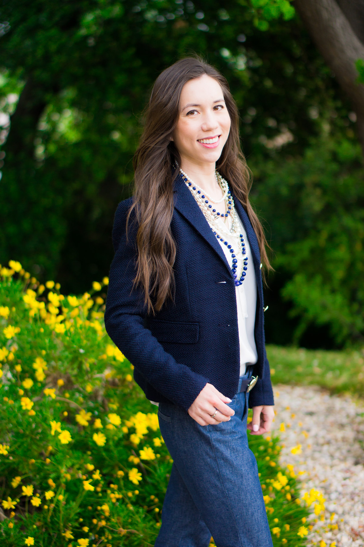 Ann Taylor Pearlized necklace & blazer | Banana Republic Sloan Slim ankle pants | Blue work outfit ideas inspiration | spring corporate attire ideas | Talbots belt | Cole Haan bow heels