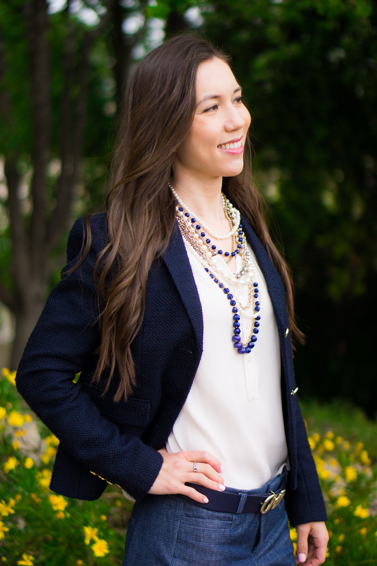 Ann Taylor Pearlized necklace & blazer | Banana Republic Sloan Slim ankle pants | Blue work outfit ideas inspiration | spring corporate attire ideas | Talbots belt | Cole Haan bow heels