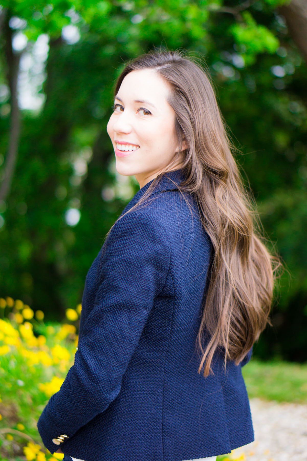 Ann Taylor Pearlized necklace & blazer | Banana Republic Sloan Slim ankle pants | Blue work outfit ideas inspiration | spring corporate attire ideas | Talbots belt | Cole Haan bow heels