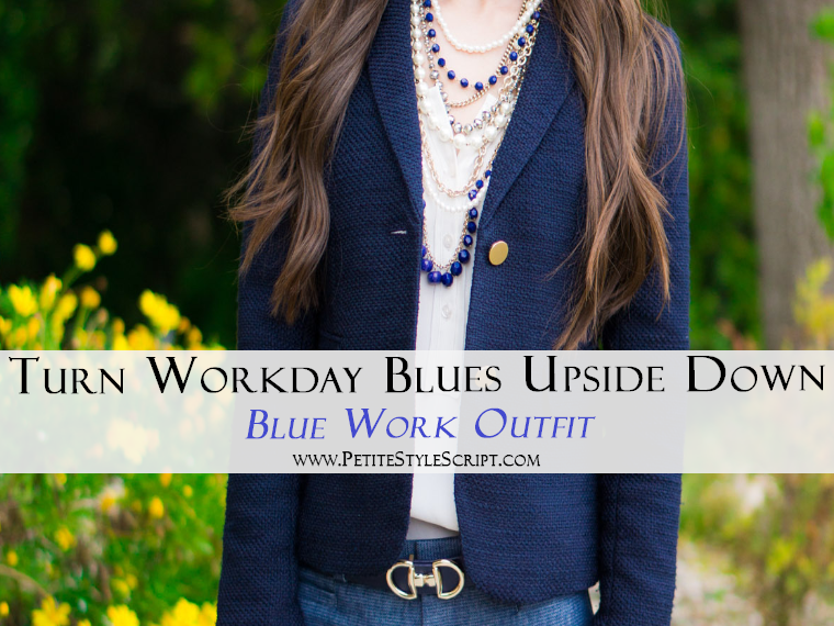 Ann Taylor Pearlized necklace & blazer | Banana Republic Sloan Slim ankle pants | Blue work outfit ideas inspiration | spring corporate attire ideas | Talbots belt | Cole Haan bow heels