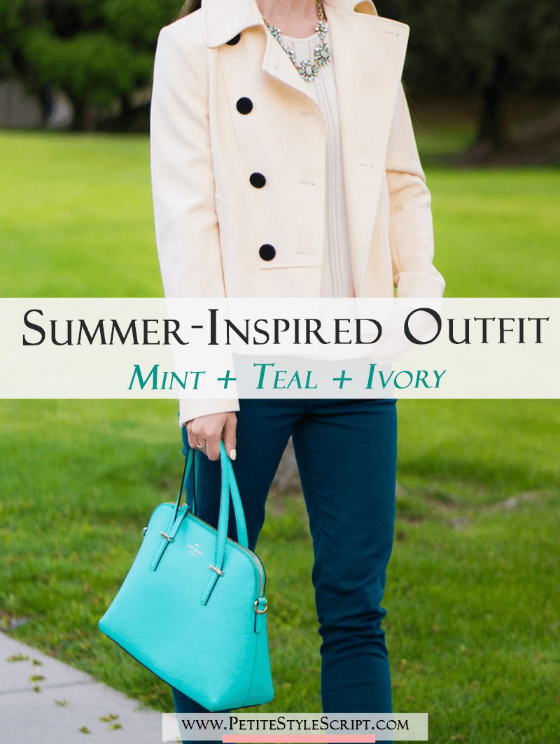 Mint green handbag | Teal green Paige denim jeans | Tieks Nude Patent ballet flats review | Kate Spade | Ann Taylor ivory jacket blazer 