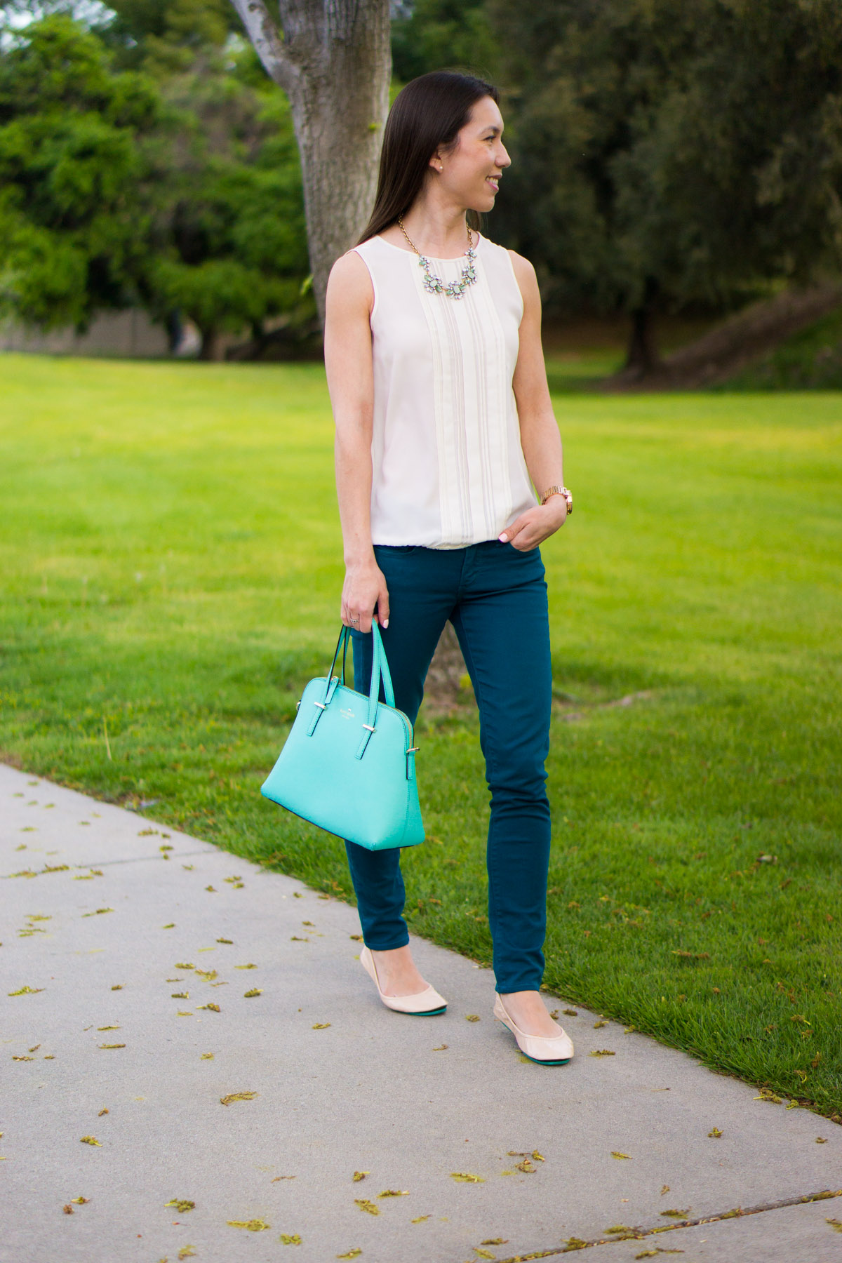 Mint green handbag | Teal green Paige denim jeans | Tieks Nude Patent ballet flats review | Kate Spade | Ann Taylor ivory jacket blazer 