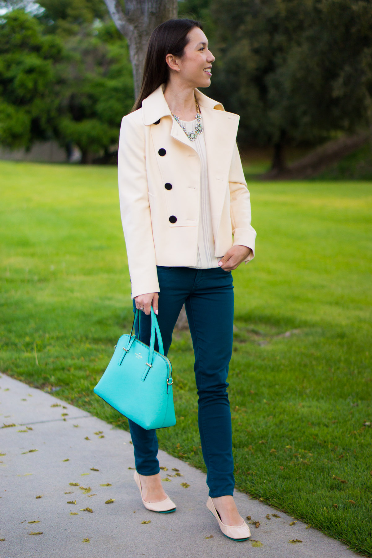 Mint green handbag | Teal green Paige denim jeans | Tieks Nude Patent ballet flats review | Kate Spade | Ann Taylor ivory jacket blazer 