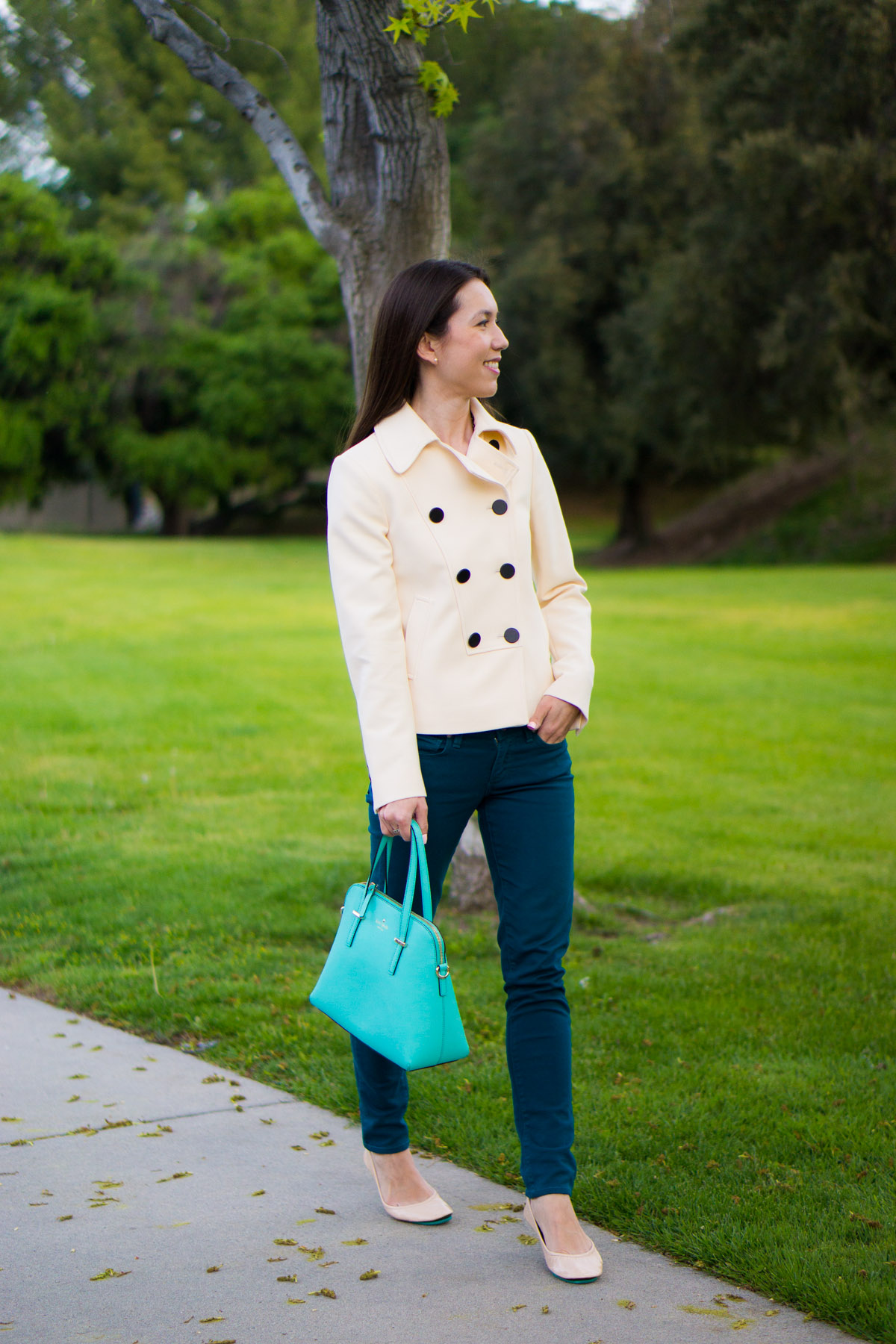 Mint green handbag | Teal green Paige denim jeans | Tieks Nude Patent ballet flats review | Kate Spade | Ann Taylor ivory jacket blazer 