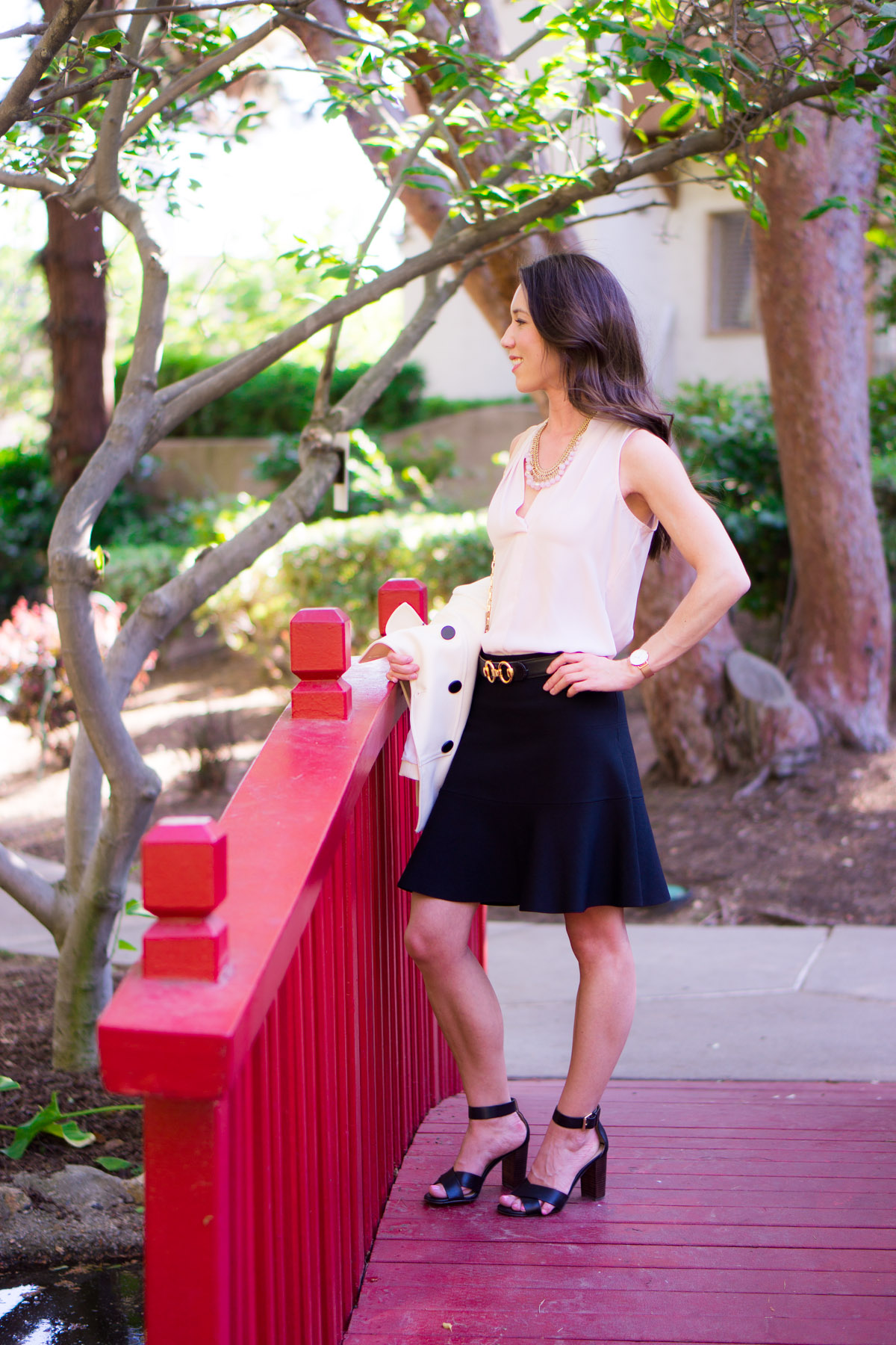 Burberry Whitworth Jacket, Burberry Reymoore, Burberry Haddingfield | Salvatore Ferragamo Carla, Ena, Pimpa heels kitten pumps | LOFT pleated yellow skirt | Petite fashion style | J. Crew denim jacket | Ferragamo pacific blue teal green kitten heels | best bow pumps heels