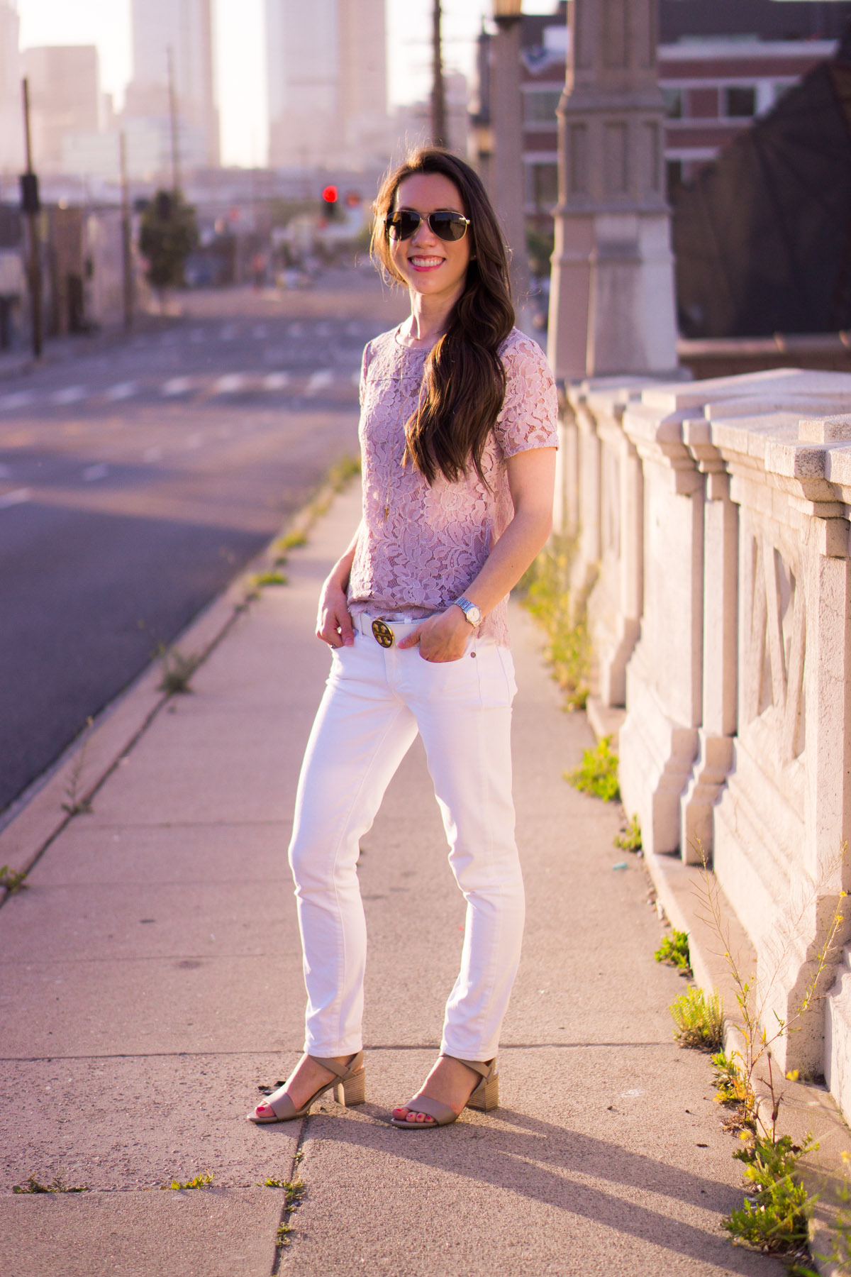 Lace tops are wardrobe essentials | Best Lace Tops | 5 Reasons to Wear Lace Tops | Petite Fashion & style | Why I love lace | Ann Taylor lace tee top | LOFT lace | Loft camisole | clean cami | Tory Burch logo belt | Paige white denim