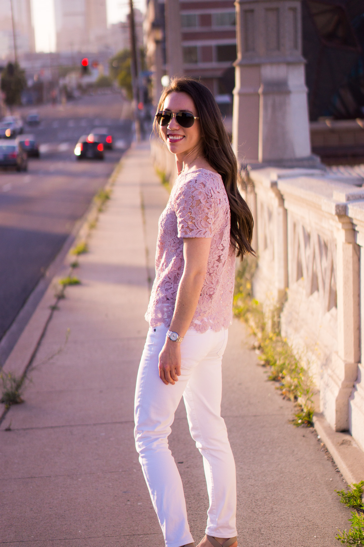 Lace tops are wardrobe essentials | Best Lace Tops | 5 Reasons to Wear Lace Tops | Petite Fashion & style | Why I love lace | Ann Taylor lace tee top | LOFT lace | Loft camisole | clean cami | Tory Burch logo belt | Paige white denim