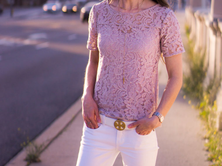 Lace tops are wardrobe essentials | Best Lace Tops | 5 Reasons to Wear Lace Tops | Petite Fashion & style | Why I love lace | Ann Taylor lace tee top | LOFT lace | Loft camisole | clean cami | Tory Burch logo belt | Paige white denim